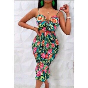 Shein Floral Print Hollow Out Ruffle Hem Summer Sleeveless Dress Medium